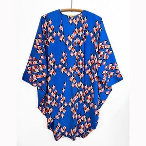 Gianni Bini Womens Geometric Ikat Open Front Kimono Cardigan Oversized M Blue